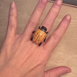 Large Orange Ladybug Beetle Statement Ring with Rhinestones Size 7.25